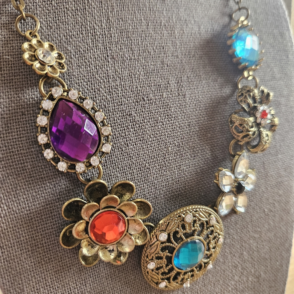 Vintage-Inspired Floral Statement Necklace with Purple, Red & Blue Gemstones